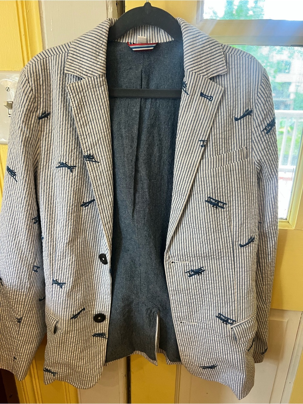 Boden Seersucker Blue White Striped with Airplanes Blazer Jacket Boys Size 10
